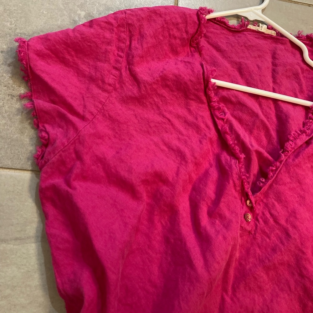 Eileen Fisher Raw Hem Irish Linen Short Sleeve Pink V neck button blouse XL - Picture 3 of 6
